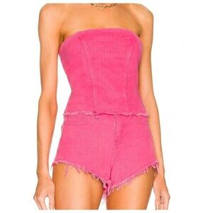 Revolve Superdown Domonique Pink Denim short and strapless top Set Small / 26